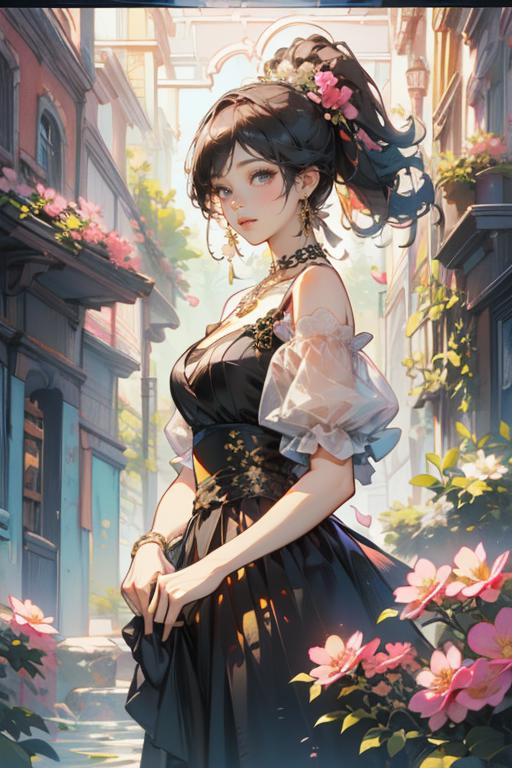 03444-1611337599-a woman with a black dress and a gold necklace on her neck and a black dress with a gold flower on her shoulder, Du Qiong, elega.png